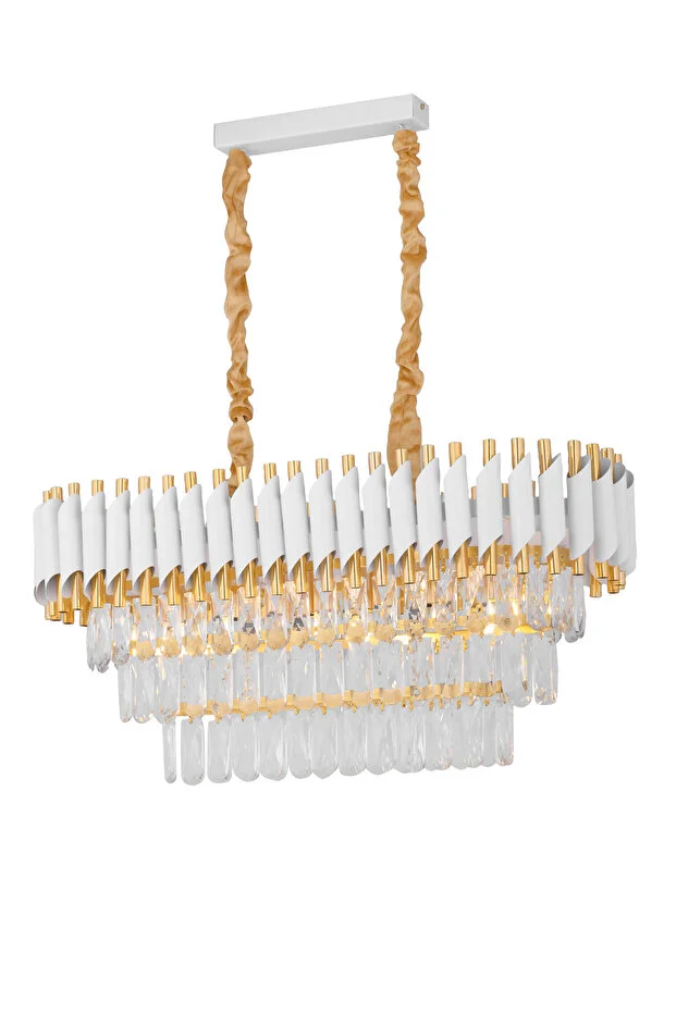 Palmira 75x35 Cm'lik 3 Katlı Prizma Kesim Kristal Taşlı Lüks Avize 6'lı - (Beyaz Gold)